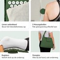 Vier afbeeldingen: linnen oefenkleding, massageballen, rugsteun met kussen, en draagtas van de spijkermat set.