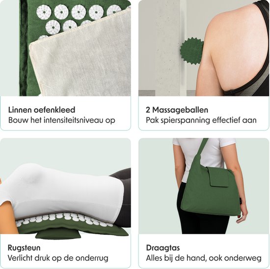 Vier afbeeldingen: linnen oefenkleding, massageballen, rugsteun met kussen, en draagtas van de spijkermat set.