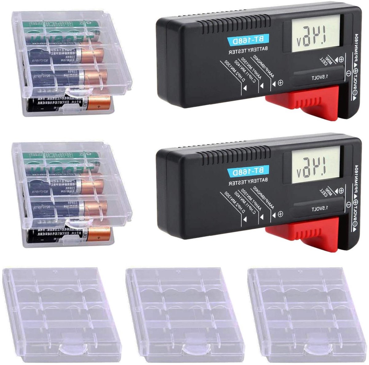 Allecto Plus - Digitale Batterijtesters met LCD-display voor AAA, C, D, 9V en 1.5V batterijen - Set van 5 stuks - Batterijtester en voltage meter.