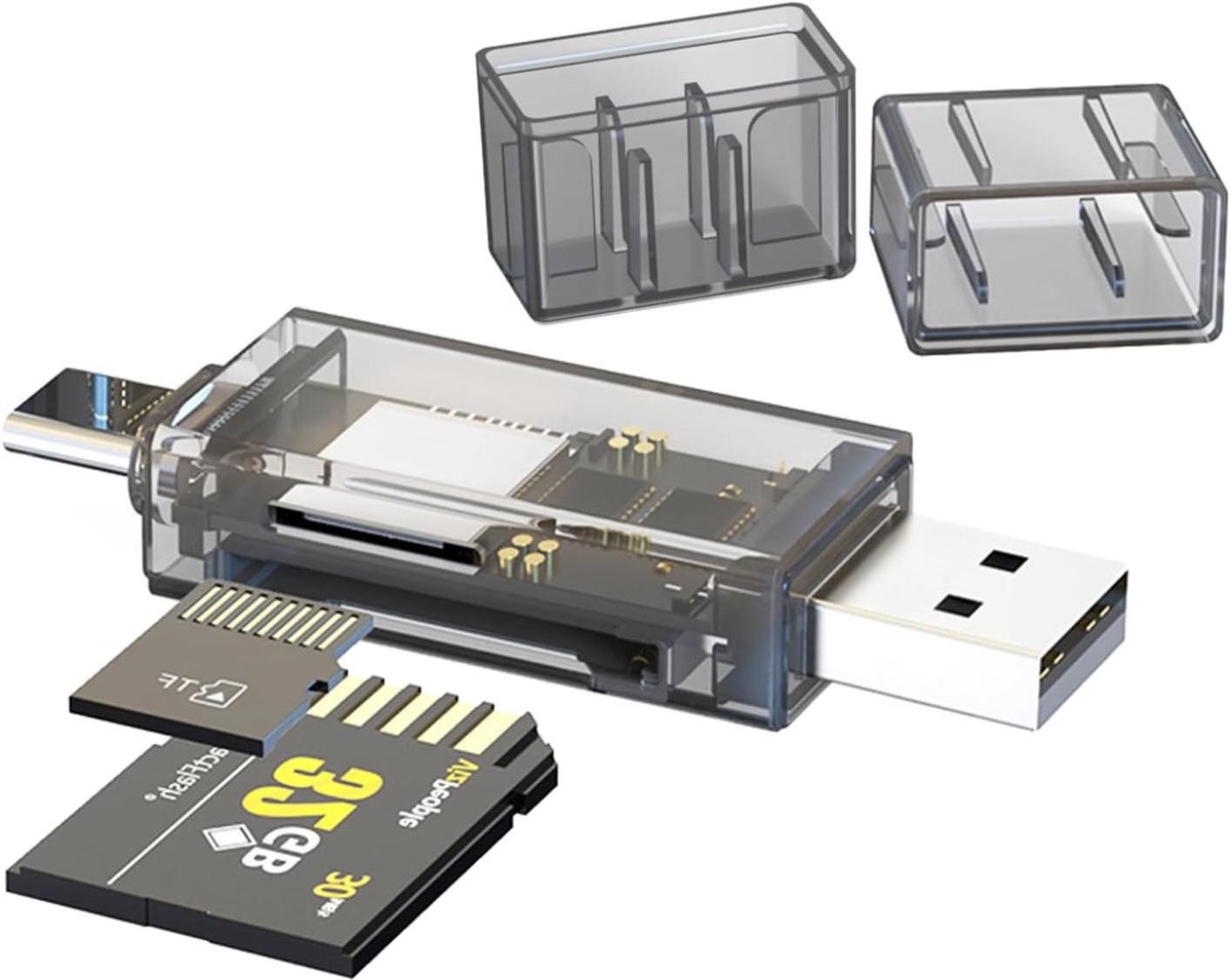Allecto Plus - SD-kaartlezer USB2.0 USBC transparante 2-in-1 kaartlezer voor Micro SD/SD/TF/iPhone - Compact en veelzijdig met USB-interface - Ideaal voor smartphones en tablets.