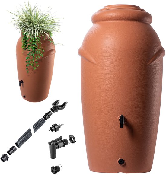 KADAX Regenton van kunststof, 210 l, regenwatertank met kraan, plantenbak en deksel, decoratieve regentank, vorstbestendig regenvat