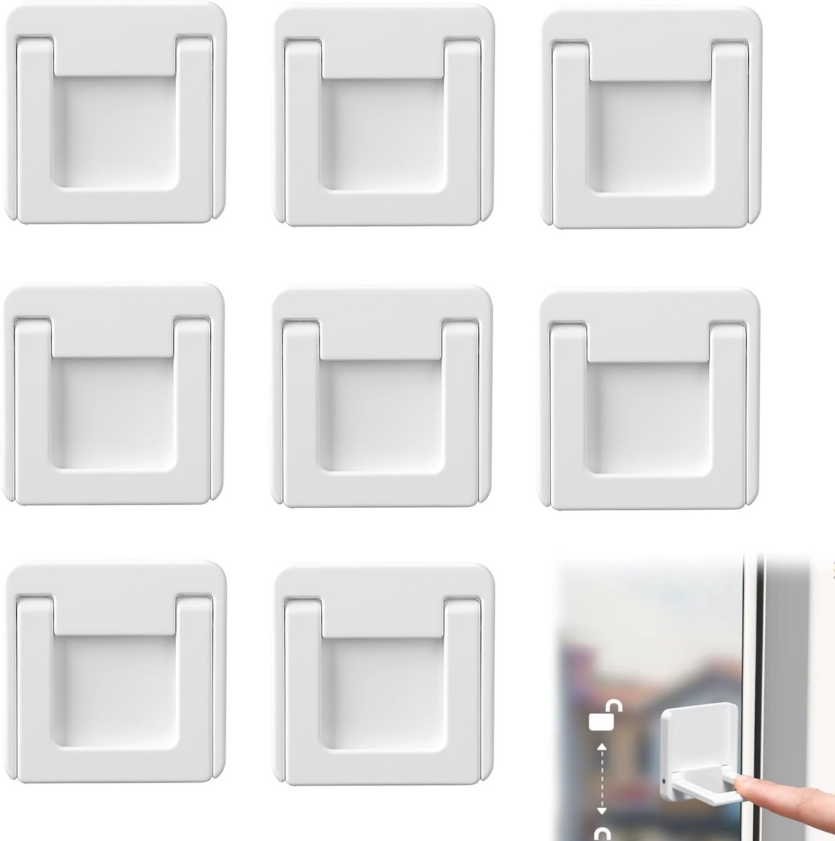 Image of 8-pack kinderveilige raamsloten, schuifdeursloten, geen boren nodig, deursloten voor kinderen, voorkomt dat baby's en huisdieren de schuifdeuren openen (wit)
