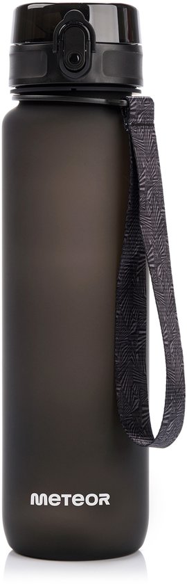 Bouteille de sport noire Meteor avec une dragonne noire.