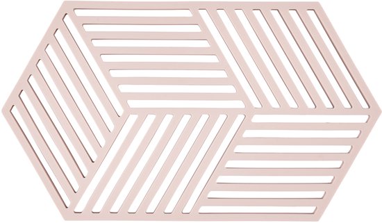 Een roze hexagonale onderzetter met een gestreept patroon.