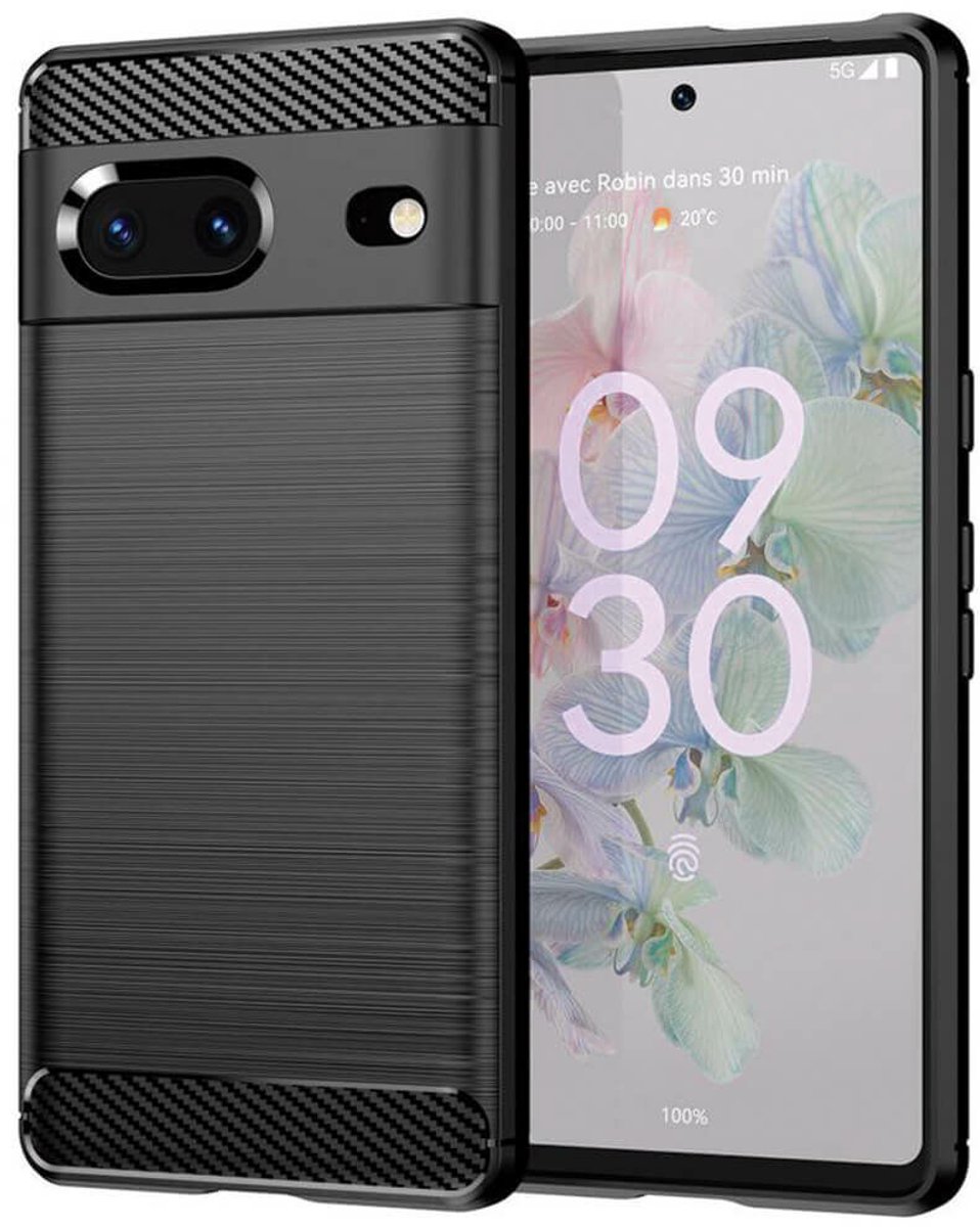 Siliconen hoesje met zwarte inzetstukken in koolstofvezellook voor Google Pixel 7