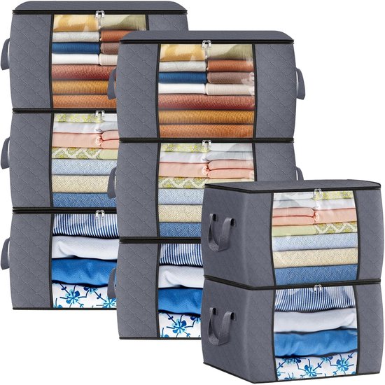 Lot de 8 sacs de rangement 90 L pour Vêtements et Couvertures - Sacs en Tissus épais et pliables avec poignée | Système de rangement gain de place pour placard/lit (Grijs)