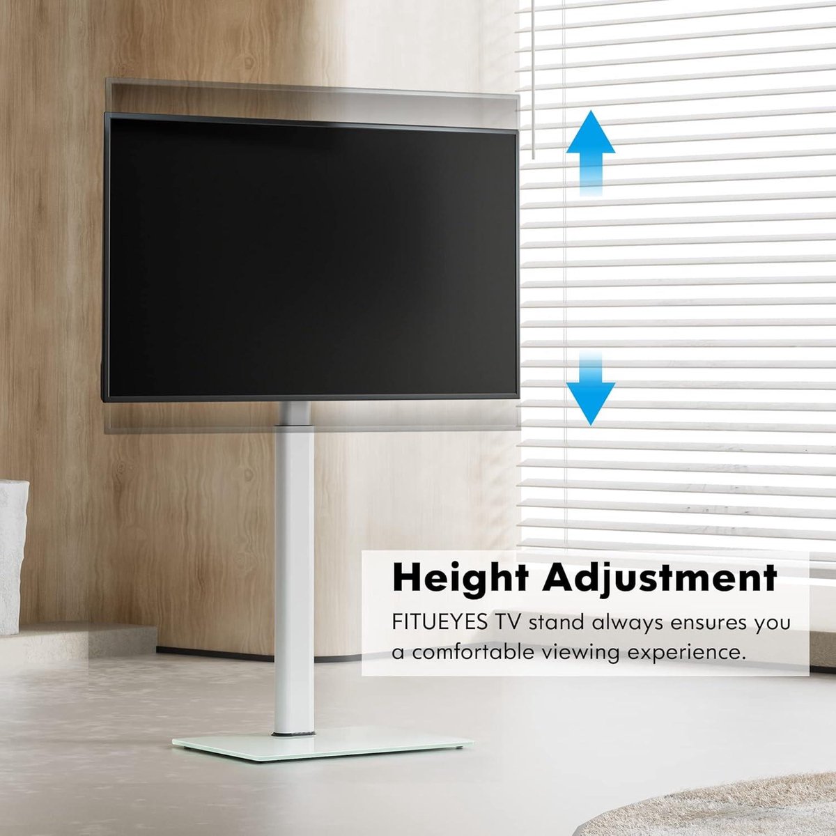 FITUEYES TV stand floor for 32-60 inch TV, 70° swivel & 8 height adjustable TV stand floor universal with shelf for flat & curved TV etc, Max VESA