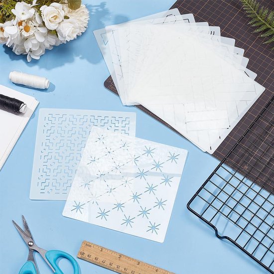 FREEBLOSS 12 Stuks Sashiko Borduurpatroon Wateroplosbare Borduurtransferpatronen Stencils Stick and Stitch Borduurpapier Sashiko Sjabloon voor Hand Quilten en Borduren 29,7×21cm