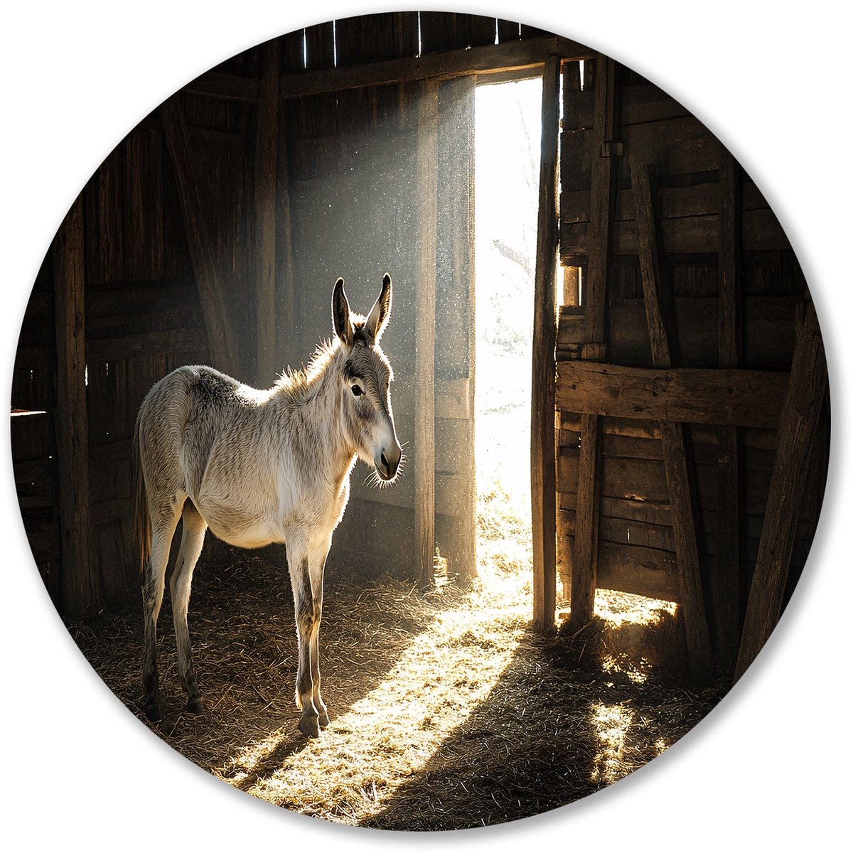 Ezel in oude schuur - Ezel wandcirkels - Ronde wandprint dieren - Realisme - Forex decorat