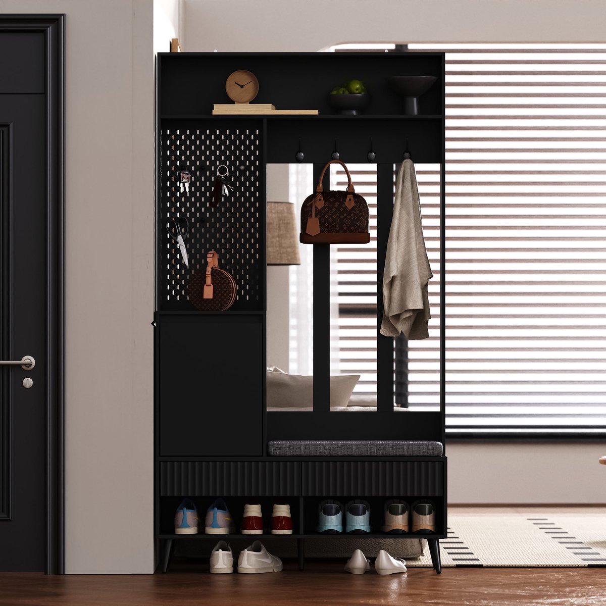 Gutent Wandgarderobe - met schoenenbank - met 4 jashaken - 2 laden - 1 deur - Zwart - 100 L x 35 B x 180 H cm