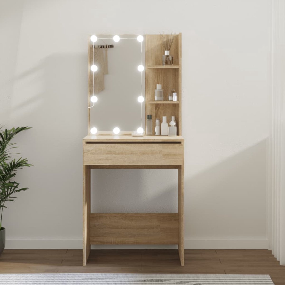 GranMaison Kaptafel met spiegel en verlichting - Make up tafel - Make up - Toilettafel - Met lades - 60x40x140 cm - Sonoma eiken