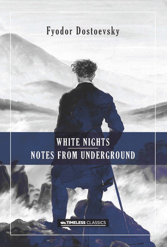 Boekomslag met een man in een pak die uitkijkt over een berglandschap, met de titel 'White Nights Notes from Underground'.