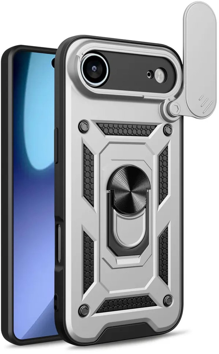 MobyDefend Hoesje - Geschikt voor iPhone Air - Pantsercase Met Draaibare Ring - Zilvergrijs