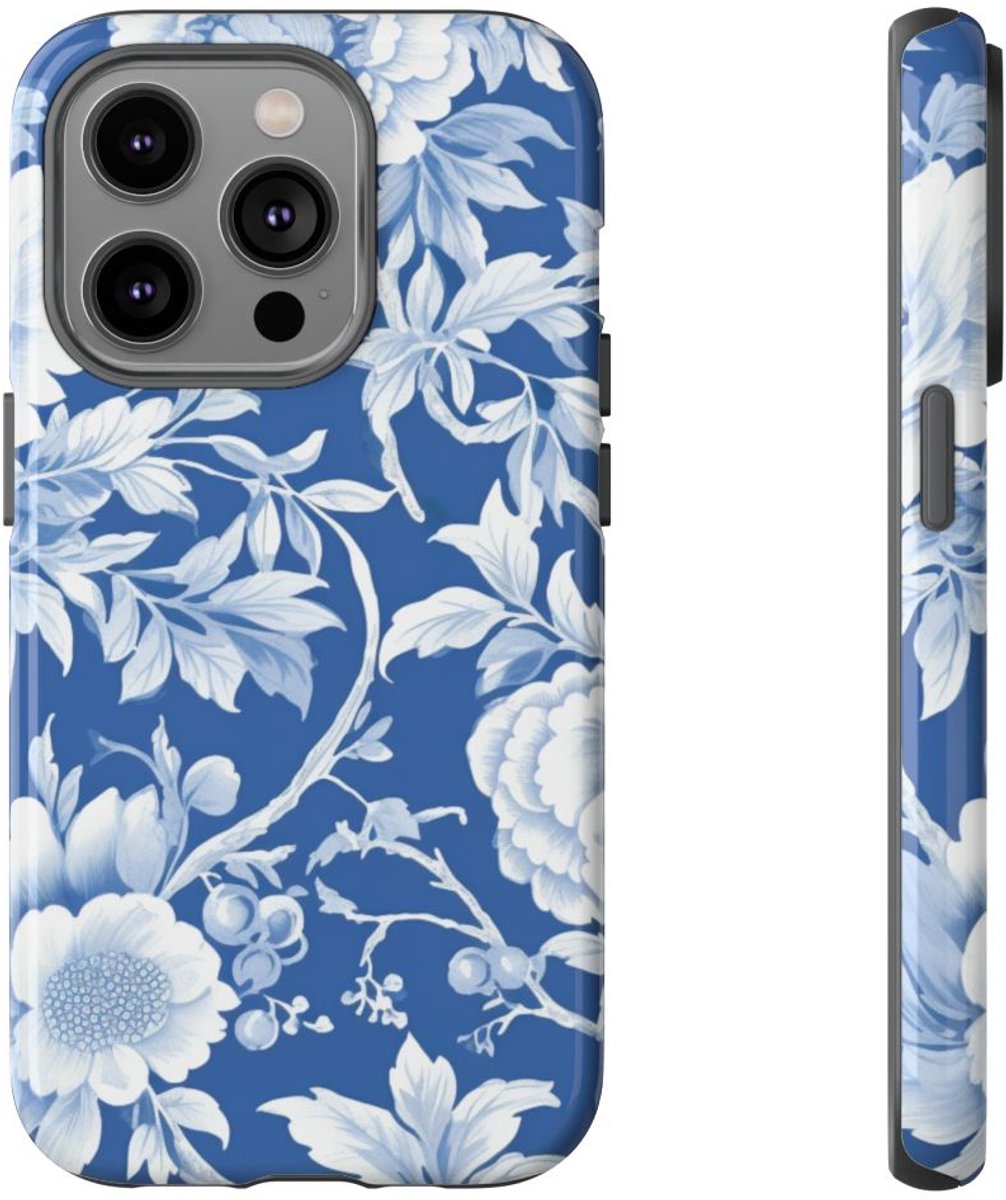 Blauw-Wit Bloemenpatroon – Telefoonhoesje Geschikt voor iPhone 14 Pro