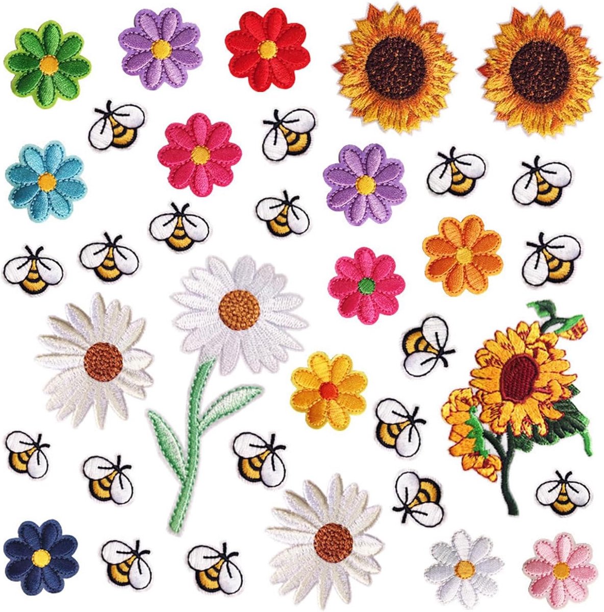 Borduurapplicatie opstrijkbare patches - Set van 36 stuks borduurpatches - Bloemen en bijen ontwerpen