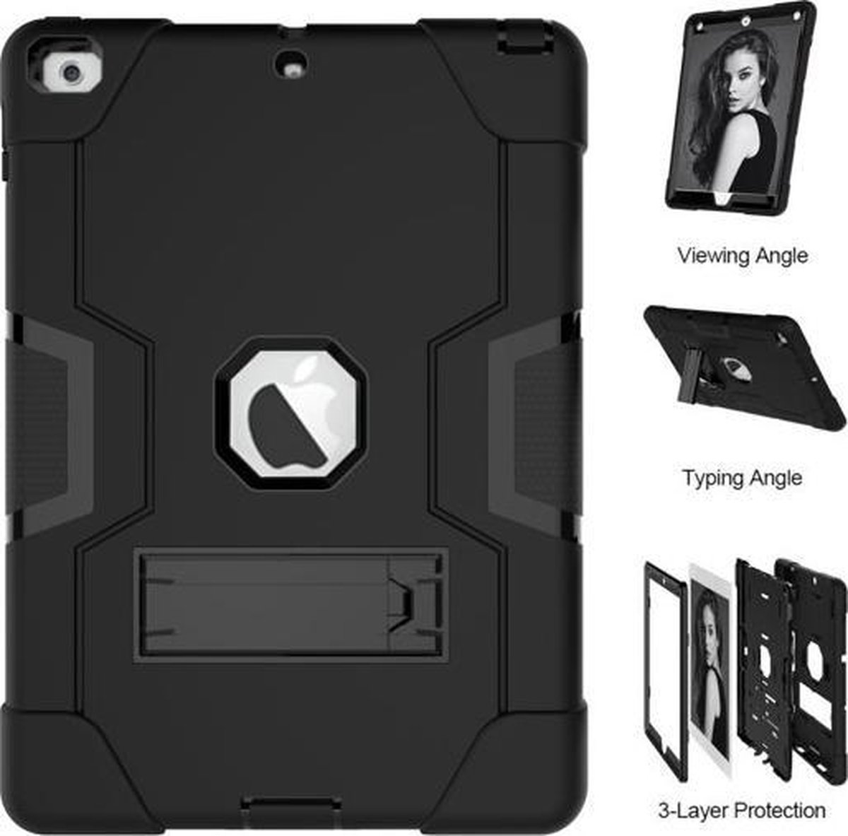 Geschikt Voor iPad Hoes 6/5 - 9.7 Inch - 6e/5e Generatie - 2018/2017 - Hoesje - Shockproof Case Cover - Met Standaard - Extra Stevig - Schokbestendig - Zwart