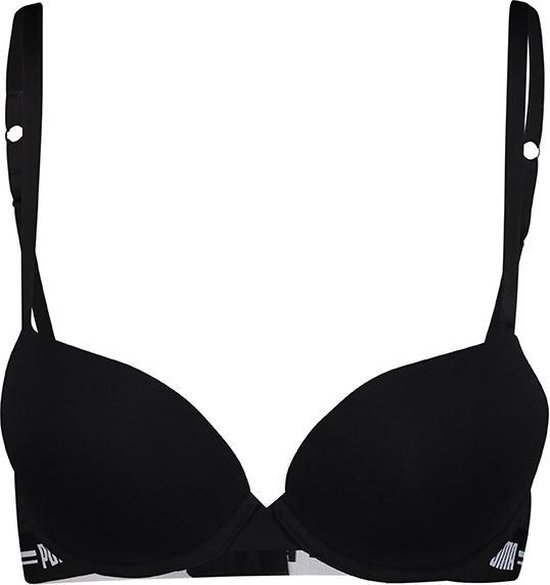 Zwarte PUMA beha met push-up cups, logo band en verstelbare bandjes.