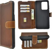 Samsung Galaxy 20 Ultra hoesje - Bookcase - Portemonnee Hoes Echt leer Wallet case Antiek Cognac Bruin