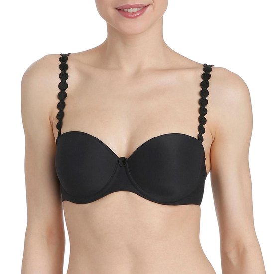 Zwarte strapless bh met decoratieve, ronde rand aan de bandjes.
