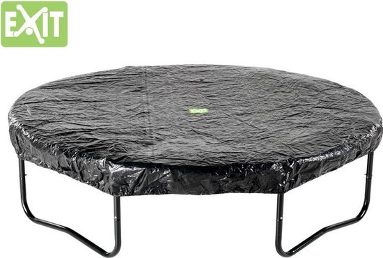 EXIT trampoline afdekhoes, rond, zwart, met EXIT logo.