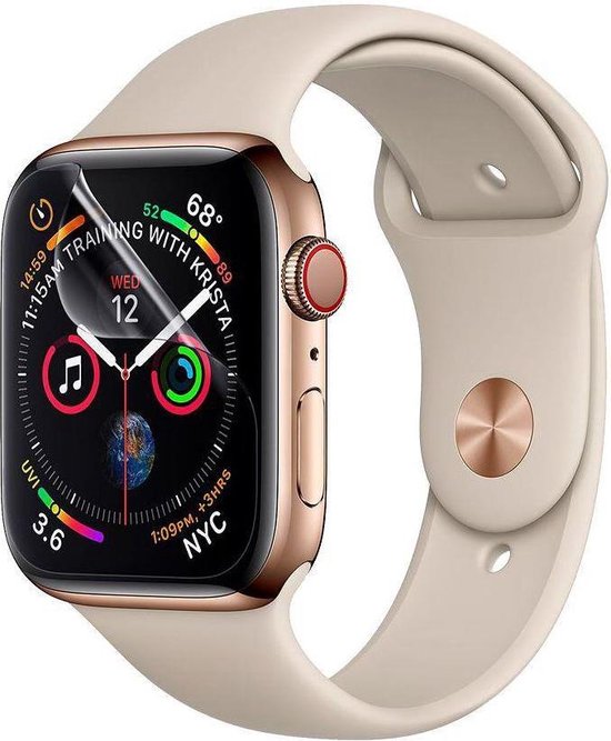 Goudkleurige Apple Watch met beige band en een doorzichtige screenprotector.