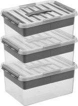 3x Sunware Q-Line opberg boxen/opbergdozen met vakverdeling/vakken tray 15 liter 40 x 30 x 18 cm kunststof - Gereedschapskist - Opslagbox - Opbergbak kunststof transparant/zilver