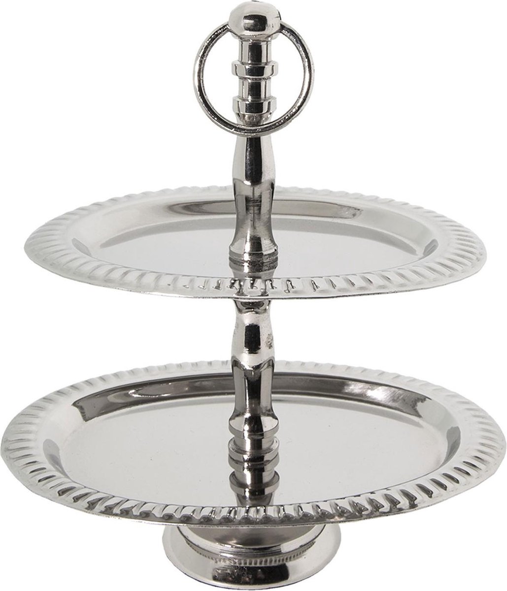 Clayre & Eef Etagère 2 laags 6Y2754 15*10*17 cm - Zilverkleurig Metaal Taartplateau op voet Serveerschaal