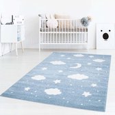 Vloerkleed kinderkamer Wolk & Ster 3D - blauw/crème 150x150 cm