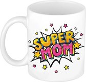Super mom cadeau koffiemok / theebeker wit met sterren - 300 ml - keramiek - Moederdag - cadeau / bedankje mom