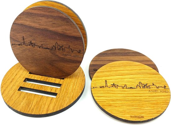 Foto: Skyline onderzetters ameland eiken en noten hout 4 stuk s houder 9 cm rond cadeau woon decoratie woonkamer woodwidecities