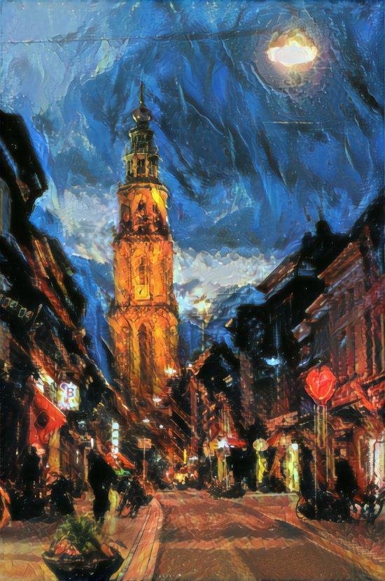 Schilderij Martinitoren Groningen vanaf Oosterstraat - Canvas, 60x90