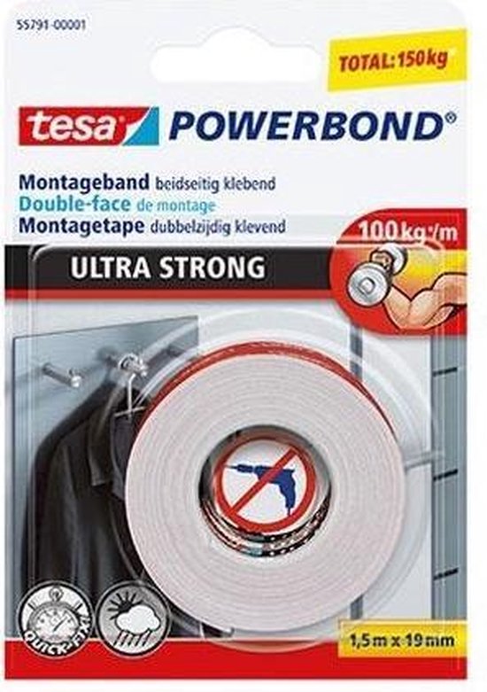 2x Tesa Powerbond montagetape extra sterk 19 mm x 1,5 m - Montagetape 19 mm x 1,5 m