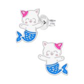 Oorbellen meisje | Zilveren kinderoorbellen | Zilveren oorstekers, wit katje met blauwe zeemeerminstaart