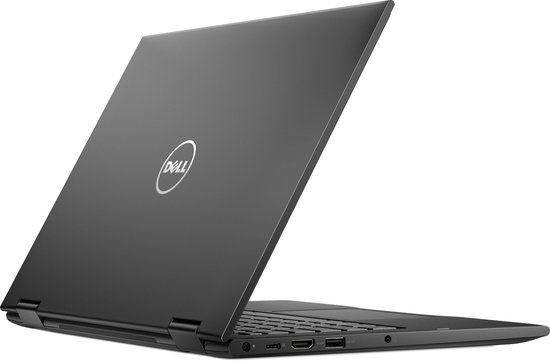 Zwarte Dell laptop in gesloten positie, gezien vanaf de achterkant met Dell-logo.