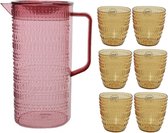 Roze schenkkan/waterkan/sapkan/limonadekan set met 6 gele glazen