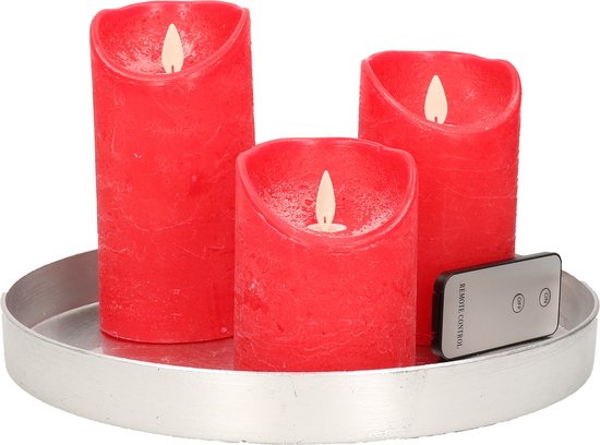 Ronde kaarsenplateau zilver van kunststof D27 cm met 3 rode LED-kaarsen 10/12,5/15 cm - Tafeldecoratie