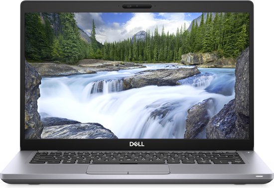 Grijze Dell Latitude 5410 laptop open met een waterval landschap op het scherm. Dell logo zichtbaar.