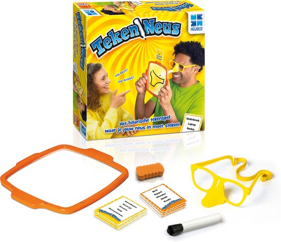 De verpakking van TekenNeus met onderdelen: oranje frame, gum, stift, bril met neus, en kaartjes.