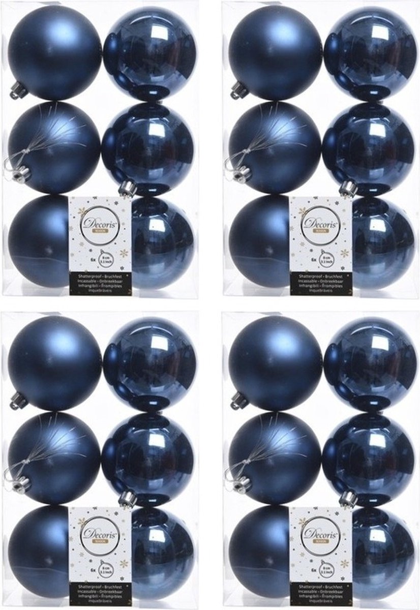 Decoris Kerstballen - 24x st - donkerblauw - D8 cm - kunststof - mat/glans - kerstversiering