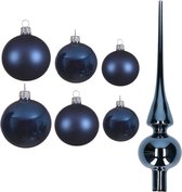 Groot pakket glazen kerstballen donkerblauw glans/mat 50x stuks - 4-6-8 cm incl piek glans 26 cm