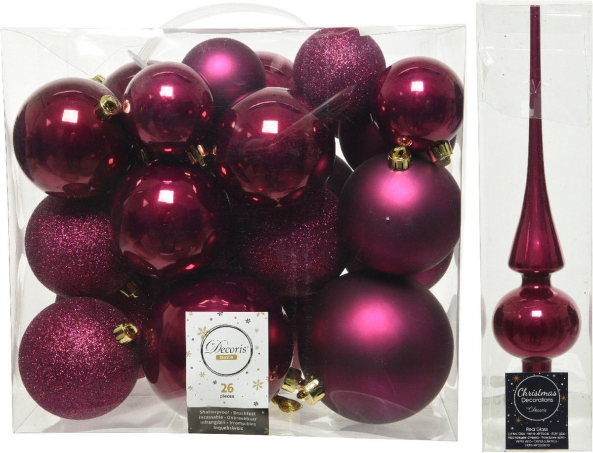 Kerstversiering kunststof kerstballen framboos roze 6-8-10 cm pakket van 27x stuks - Met glans glazen piek van 26 cm