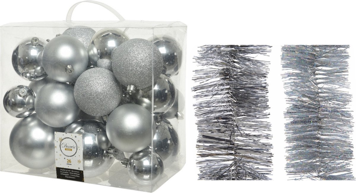 Kerstversiering kunststof kerstballen 6-8-10 cm met folieslingers pakket zilver van 28x stuks - Kerstboomversiering