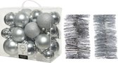 Décorations de Noël de Noël Boules de Noël en plastique 6-8-10 cm avec guirlandes en aluminium paquet argent de 28x pièces - Décorations Décorations pour sapins de Noël