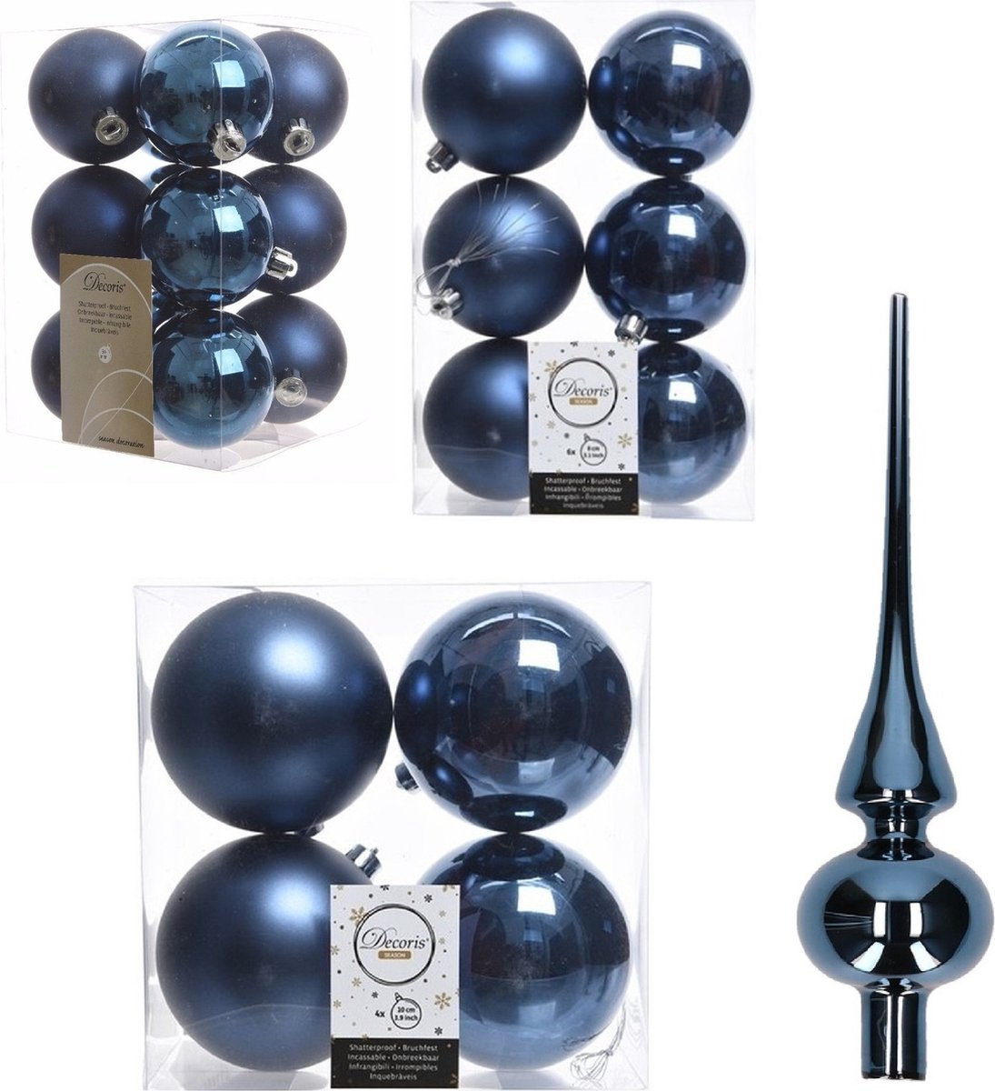 Decoris kerstballen set kunststof donkerblauw - 45 stuks - 6-8-10 cm - mix mat en glans - glazen piek