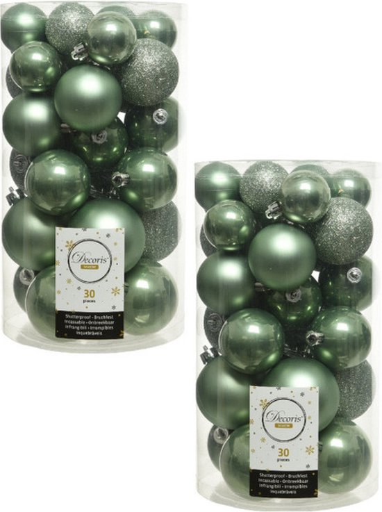 60x Salie groene kunststof kerstballen 4 5 6 cm Onbreekbare plastic kerstballen bol