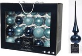42x stuks glazen kerstballen ijsblauw (blue dawn)/donkerblauw 5-6-7 cm inclusief donkerblauwe piek - Kerstversiering