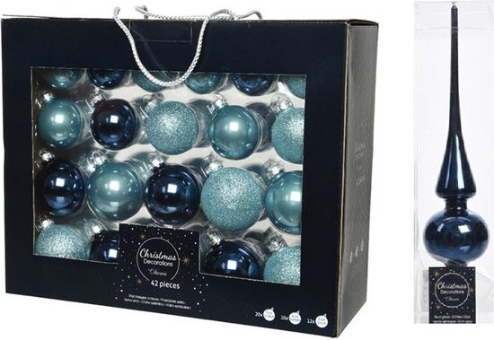 Foto: 42x stuks glazen kerstballen ijsblauw blue dawn donkerblauw 5 6 7 cm inclusief donkerblauwe piek kerstversiering