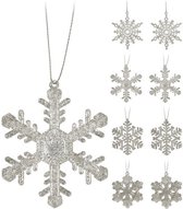 24x Kersthangers figuurtjes zilveren sneeuwvlok/ster 10 cm glitter - Sneeuw thema kerstboomhangers - Kerstboomversieringen koper