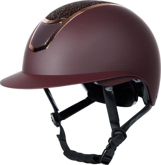 Paardrijhelm in bordeauxrood met glitter-inzetstuk, rosé-gouden rand en ventilatie.