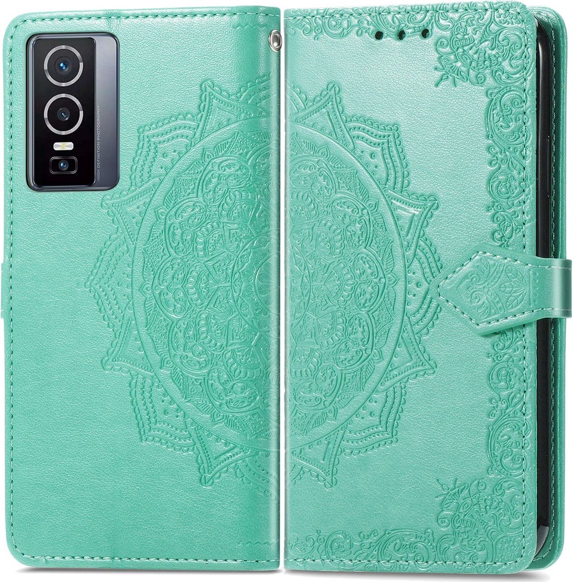 Mobigear Telefoonhoesje geschikt voor Vivo Y76 Hoesje | Mobigear Mandala Bookcase Portemonnee | Pasjeshouder voor 3 Pasjes | Telefoonhoesje voor Pinpas / OV Kaart / Rijbewijs - Groen